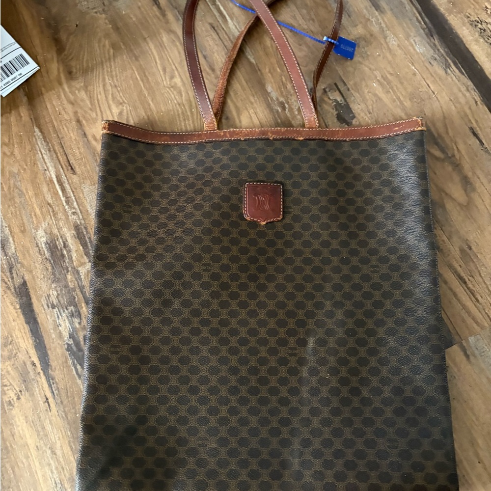 Celine Vintage Brown Monogram Tote with Tan Leather Trim